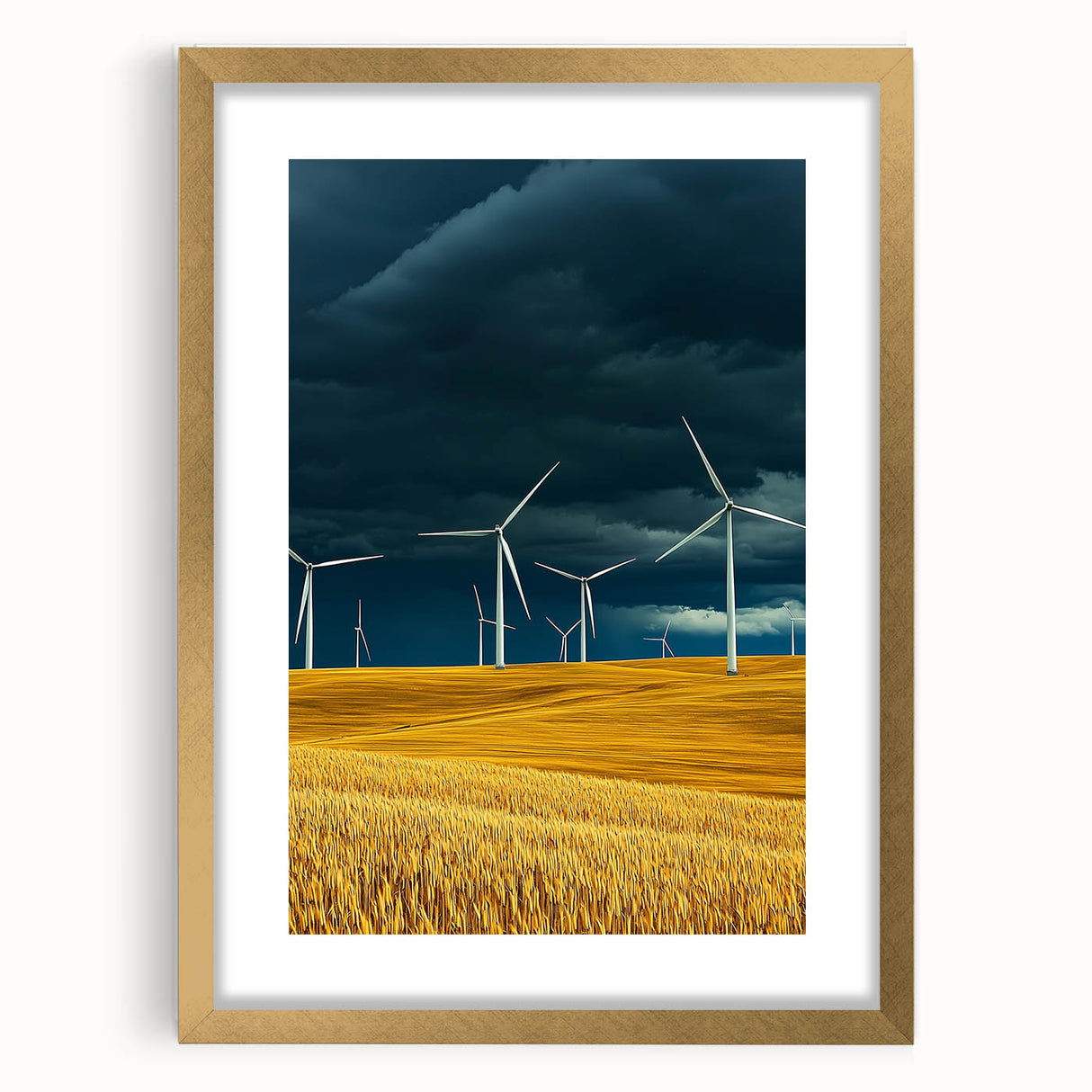 Elegant gold-framed landscape artwork featuring vibrant fields, displayed with a white mat, enhancing the visual appeal and perfect for home decor.