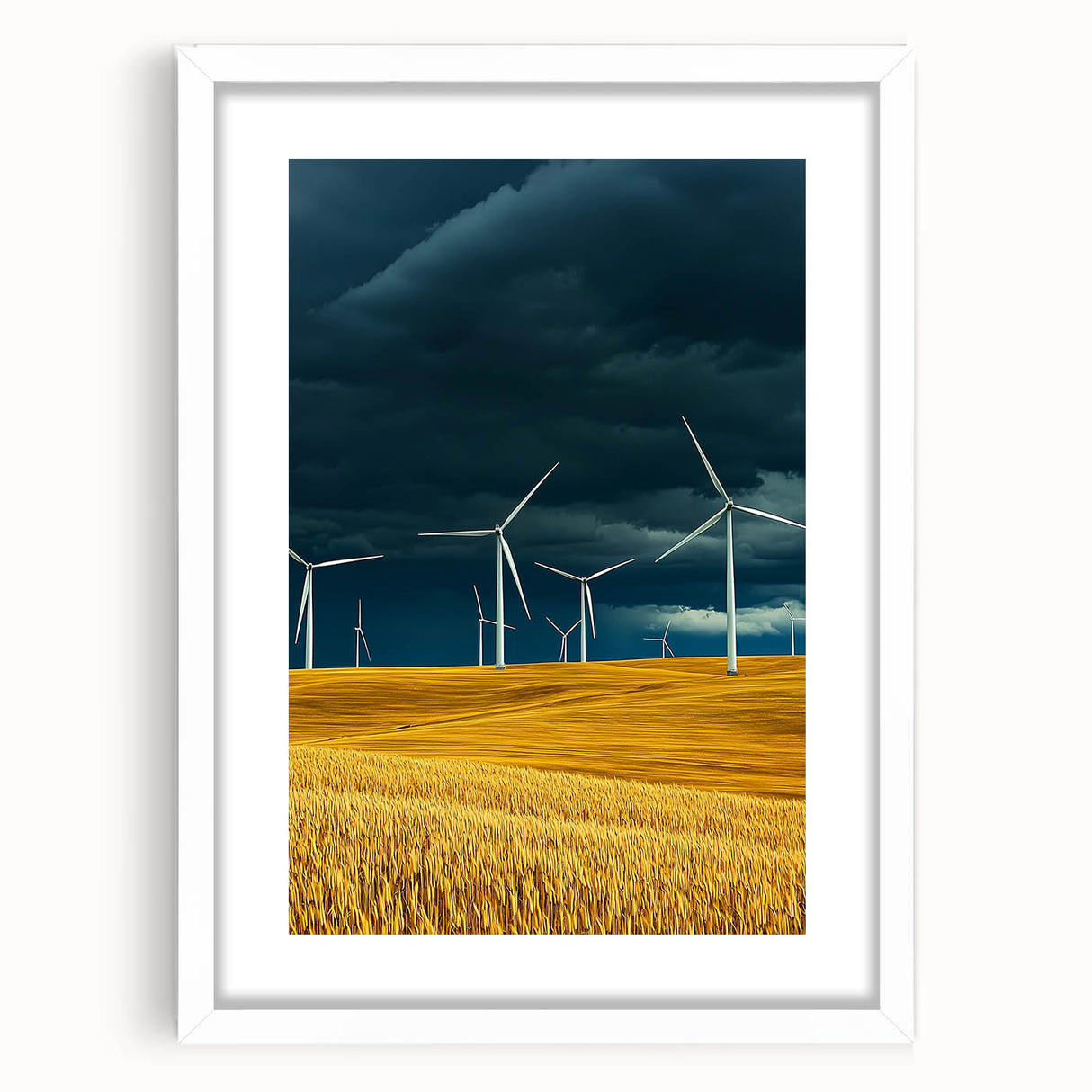Framed landscape artwork showcasing vibrant green fields under a clear blue sky, with a white mat surrounding the image, ideal for home decor.