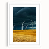 Framed landscape artwork showcasing vibrant green fields under a clear blue sky, with a white mat surrounding the image, ideal for home decor.