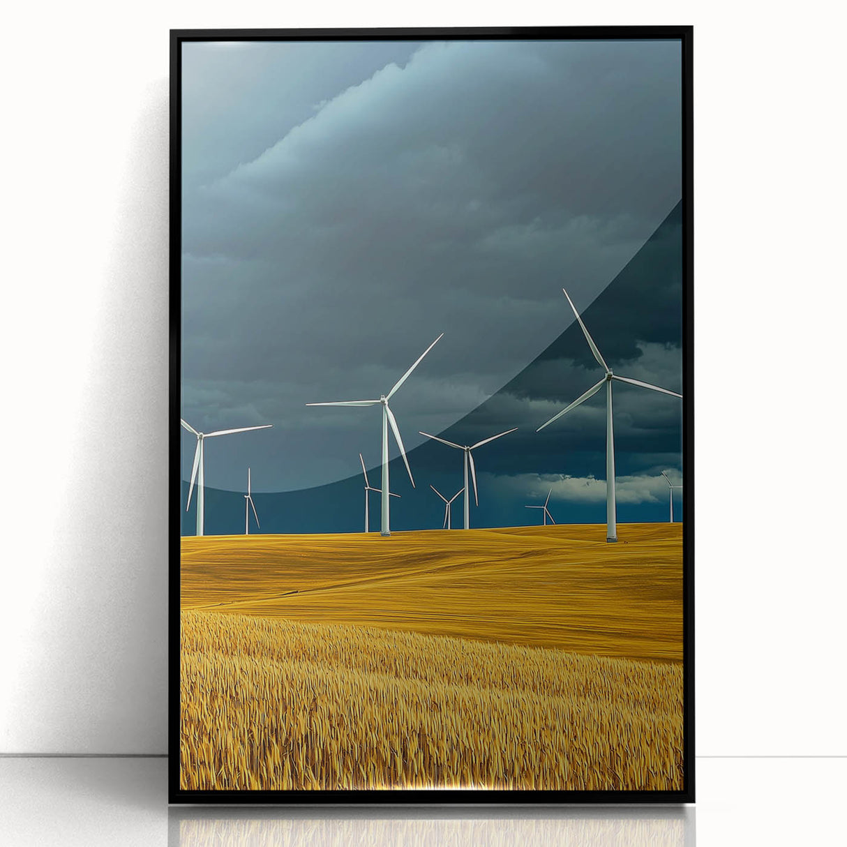 Framed acrylic artwork depicting a serene landscape of lush green fields under a bright blue sky, with a sleek black frame enhancing its modern aesthetic. Ideal for home decor or office spaces, this captivating piece adds a touch of nature to any environment.