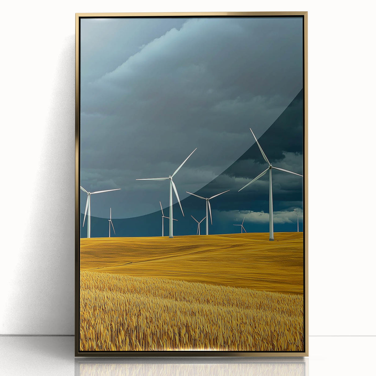Framed acrylic artwork depicting a vibrant landscape with golden accents, showcasing lush fields under a clear sky, ideal for home decor enhancement.