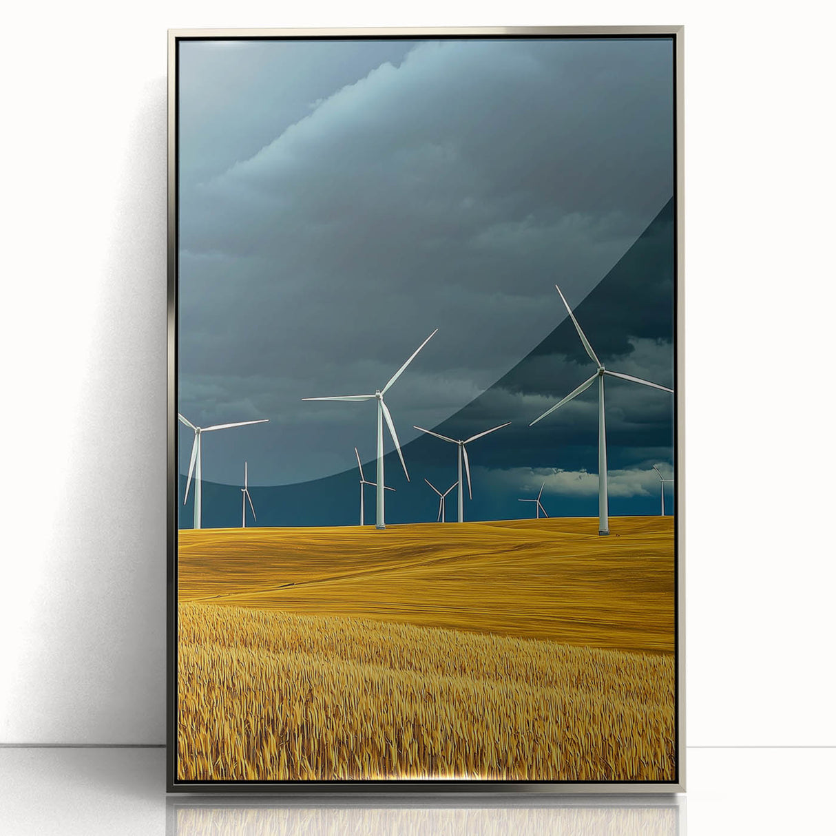 Framed acrylic artwork showcasing a vibrant landscape of fields under a clear blue sky, featuring silver accents, perfect for home decor in modern interiors.