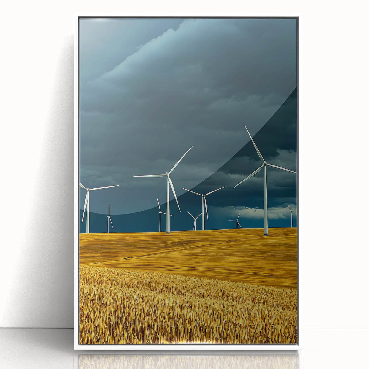 Framed acrylic artwork showcasing a serene landscape of vibrant green fields under a bright blue sky, designed to enhance modern decor with a fresh, natural touch.