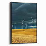 Framed canvas artwork depicting a serene landscape of rolling fields in vibrant greens and golds, showcased from a black side view, ideal for home decor.