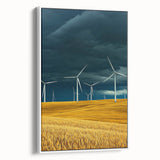 Framed canvas artwork showcasing a serene landscape of rolling fields in soft greens and yellows, with a white frame accentuating the scene's tranquility.