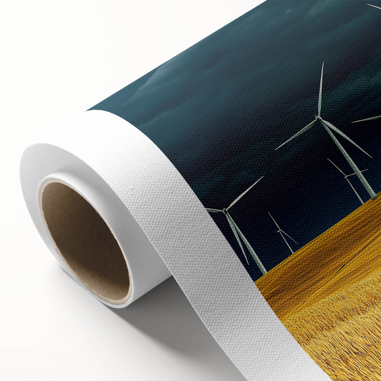 Rolled canvas showcasing a vibrant landscape design with rolling fields in rich greens and blues, elegantly packaged in a protective cardboard tube for safe transport.