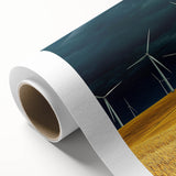 Rolled canvas showcasing a vibrant landscape design with rolling fields in rich greens and blues, elegantly packaged in a protective cardboard tube for safe transport.