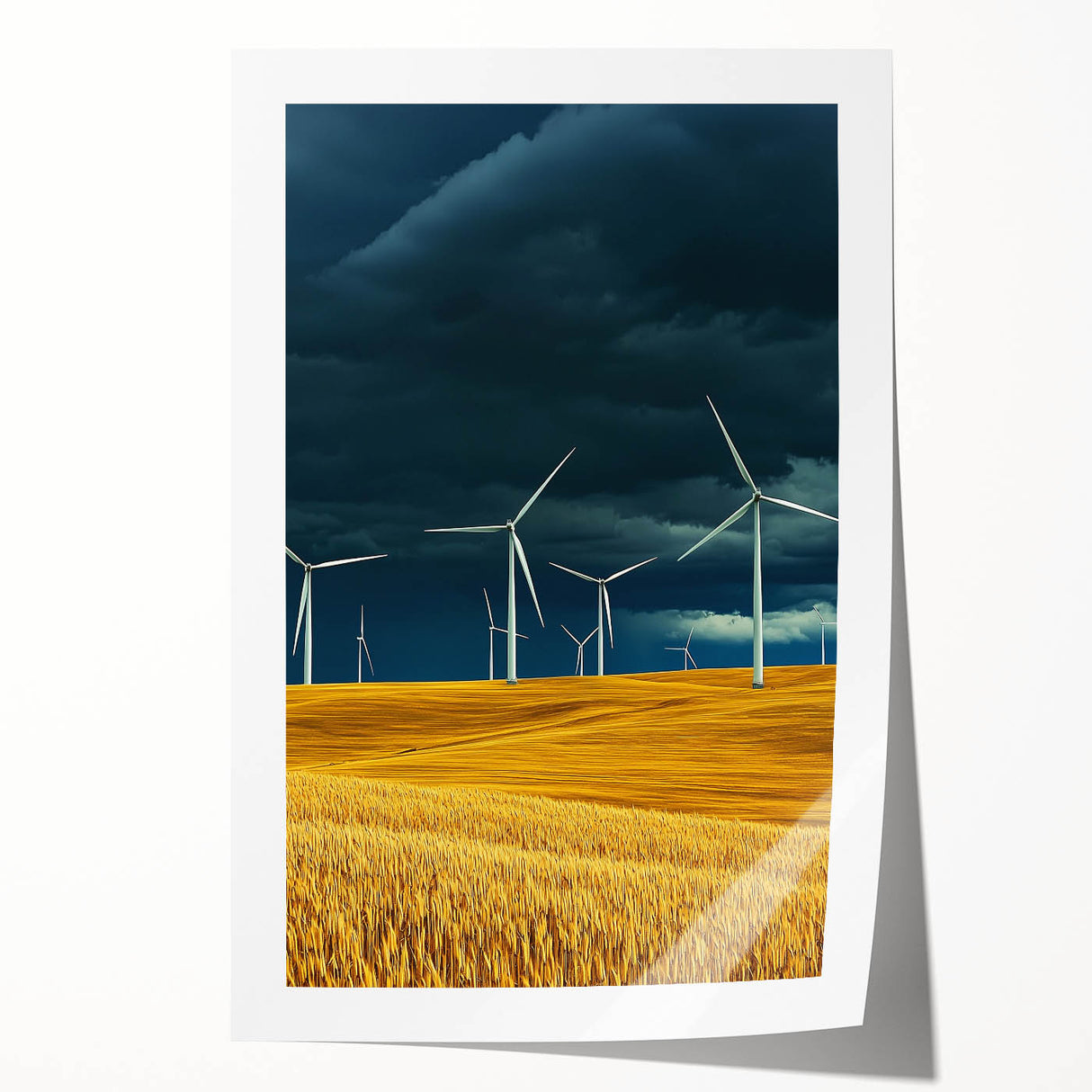 Vibrant rolled print showcasing a beautiful landscape of lush green fields under a clear blue sky, elegantly packaged in a protective tube for safe delivery.