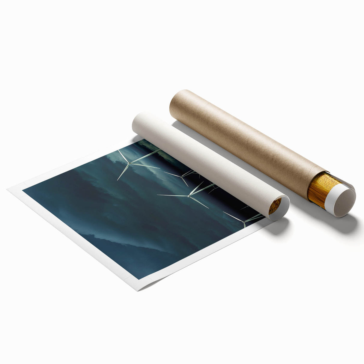 Vibrant rolled canvas print showcasing a stunning landscape design with lush green fields under a bright blue sky, elegantly packaged in a durable cardboard tube for safe delivery.
