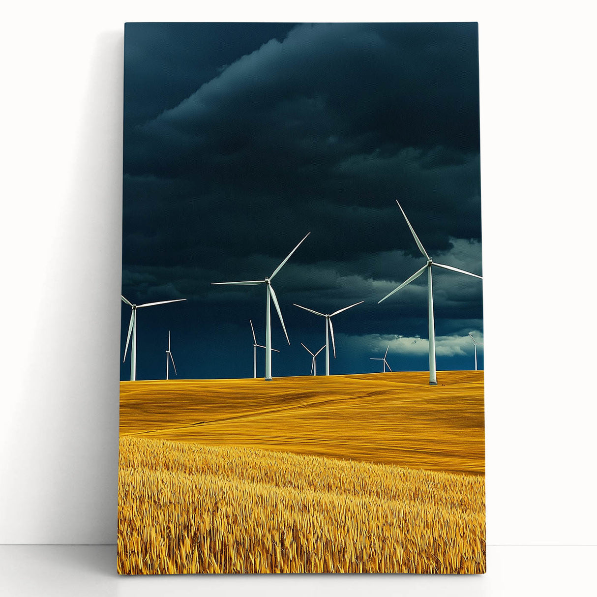 Stretched canvas artwork depicting vibrant landscapes with rolling fields under a blue sky, showcasing rich colors and a serene atmosphere, ideal for home decor.