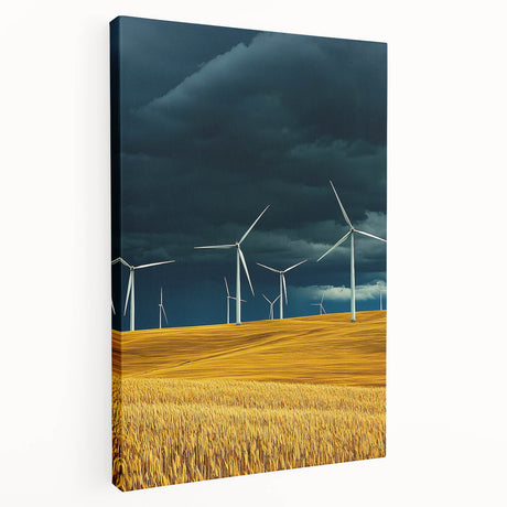 Stretched canvas artwork showcasing vibrant green and yellow landscapes with rolling fields, displayed from a side view to highlight its depth and texture. Ideal for home decor.