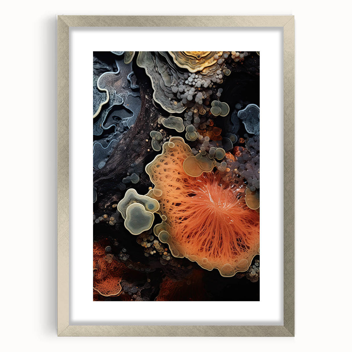 Textured abstract art print in muted earth tones, framed in silver, ideal for bedroom art.