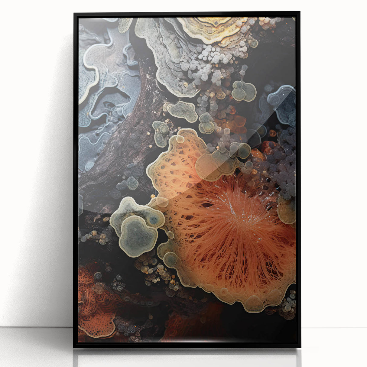 Large abstract wall art in black and white, framed in acrylic, suitable for modern art wall decor.