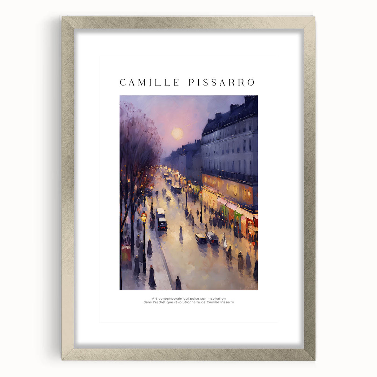 Textured abstract art print in muted grays and blues on a silver-framed canvas, ideal for modern bedroom decor.