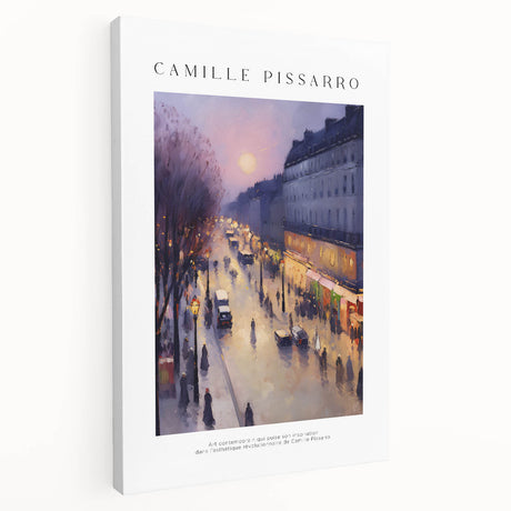 Side view of a stretched canvas featuring an impressionist-style painting of a lively street scene in vibrant.