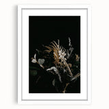 Abstract art print featuring swirling autumnal hues on a white framed canvas, ideal for dining room or bedroom decor.