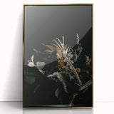 Large art print of a mid-century modernist autumn scene in warm gold tones, framed acrylic, ideal for modern art wall decor.