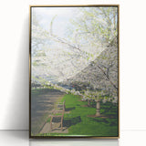 Large art print of a mid-century modernist spring scene in gold tones on framed acrylic, ideal for nursery wall decor.