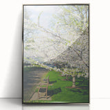 Mid-century modernist art depicting spring season in pastel shades on a silver-framed acrylic, ideal for nursery wall art.