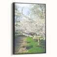 Black and white vintage poster art of a spring landscape on framed canvas, suitable for bedroom decor.