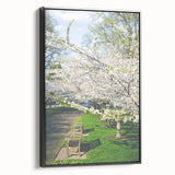 Black and white vintage poster art of a spring landscape on framed canvas, suitable for bedroom decor.