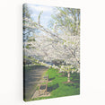 Spring-themed large art on stretched canvas, featuring blooming trees in pastel colors, ideal for kitchen wall art.