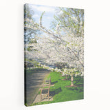 Spring-themed large art on stretched canvas, featuring blooming trees in pastel colors, ideal for kitchen wall art.