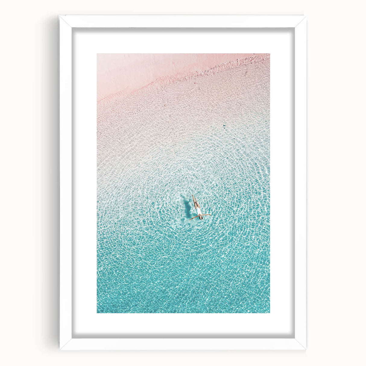 Abstract art print featuring swirling blue and green hues on a white framed canvas, ideal for dining room decor.