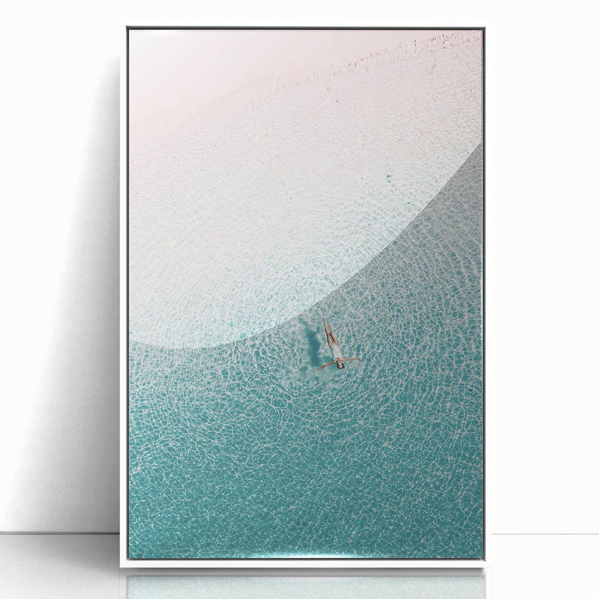 Art deco poster featuring a stylized summer scene with vibrant colors on a white acrylic framed print.