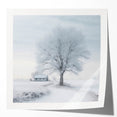 Winter scene with snow-covered trees in soft gray tones on a large canvas, suitable for dining room or bathroom decor.