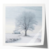 Winter scene with snow-covered trees in soft gray tones on a large canvas, suitable for dining room or bathroom decor.