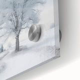 Large abstract winter scene on acrylic glass, featuring cool blue and white tones, suitable as bedroom or dining room art.