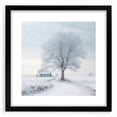 Abstract art print depicting a textured, colorful winter scene on a large black-framed canvas, ideal for living room decor.