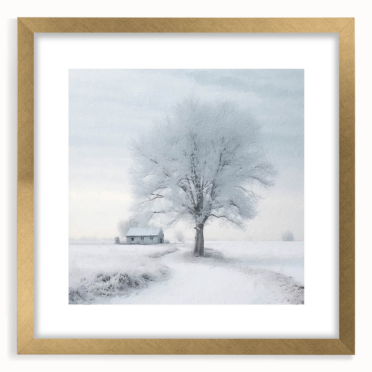 Extra large abstract art print depicting a winter scene in textured whites and blues on a gold-framed canvas.