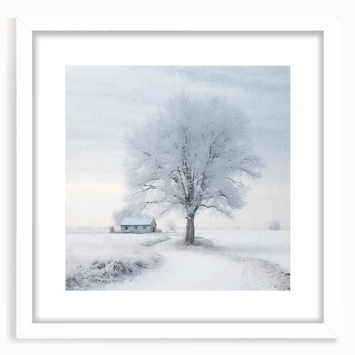 Abstract art print of a serene winter scene in muted white and blue tones, framed in white.