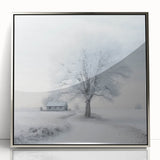 Mid-century modernist winter scene acrylic print in muted gray and silver tones, ideal for nursery wall art.