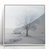 Winter scene in art deco style on framed acrylic, featuring cool blue and white tones, suitable for modern nursery decor.