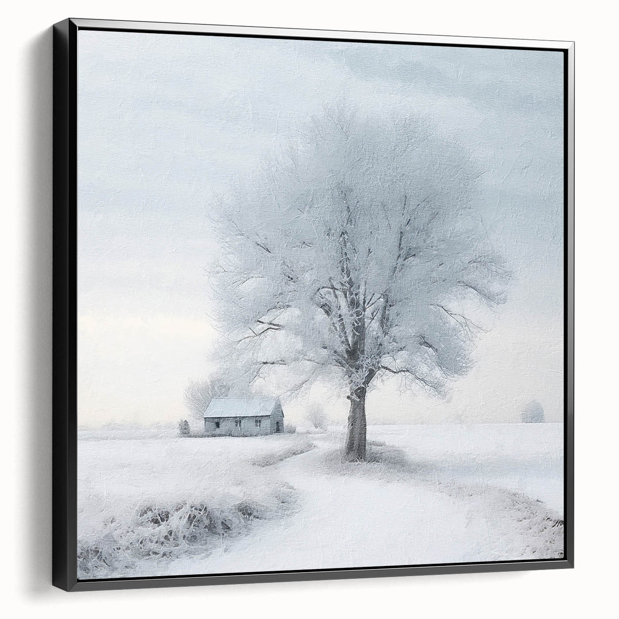Winter landscape painting in black and white on framed canvas, suitable for bedroom decor.