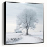 Winter landscape painting in black and white on framed canvas, suitable for bedroom decor.