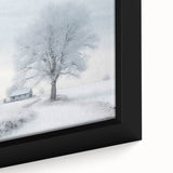 Winter-themed black wall art on framed canvas, featuring a textured snowy landscape with colorful accents.
