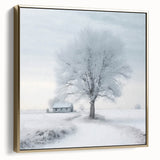 Winter landscape painting on framed canvas, featuring silver and gold tones, ideal for bedroom wall decor.