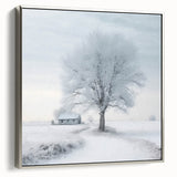 Winter landscape art painting on framed canvas, featuring snowy trees with muted gray and silver tones.