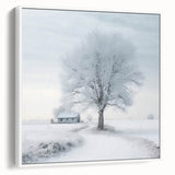 Framed canvas vintage poster art depicting a snowy winter scene in muted white and gray tones, ideal for living room decor.