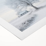 Art deco poster of a winter scene with muted blue and white tones on rolled canvas, suitable for dining room wall art.