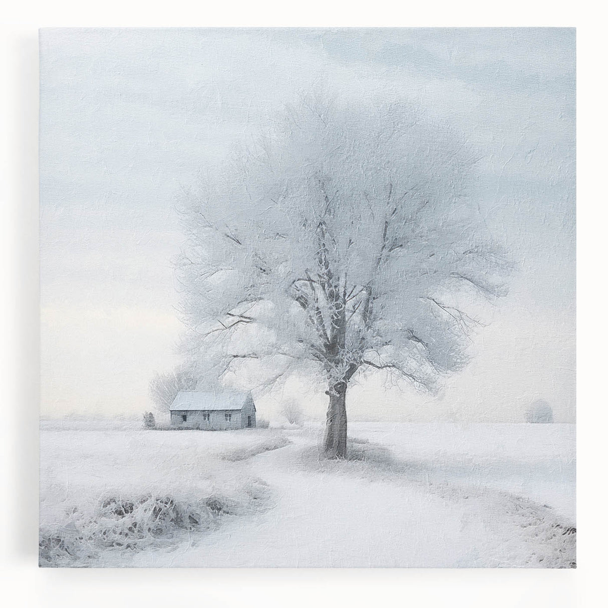 Winter scene in black and white on large stretched canvas, suitable for kitchen wall art.