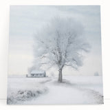 Winter landscape in black and white on stretched canvas, ideal for kitchen wall art or bedroom ambiance.