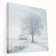 Winter landscape on stretched canvas in muted blue and white tones, ideal for kitchen wall art.