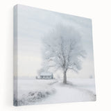 Winter landscape on stretched canvas in muted blue and white tones, ideal for kitchen wall art.