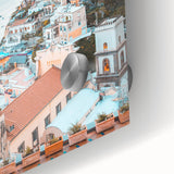 Large abstract wall art in vibrant orange and yellow tones, acrylic print, suited for dining room ambiance.