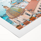 Art deco poster featuring a summer scene on rolled canvas with vibrant blue and orange hues.